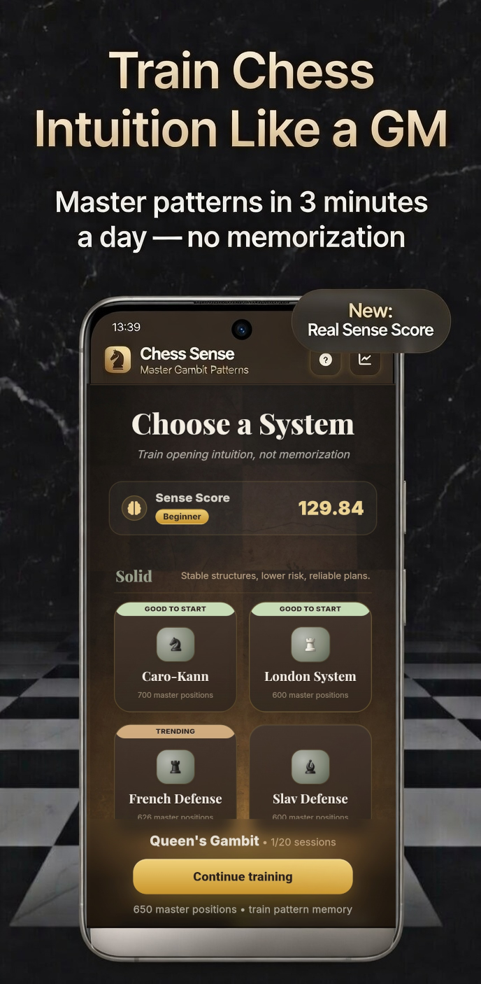 Chess Sense landing screen - Choose a System, train chess intuition, master patterns