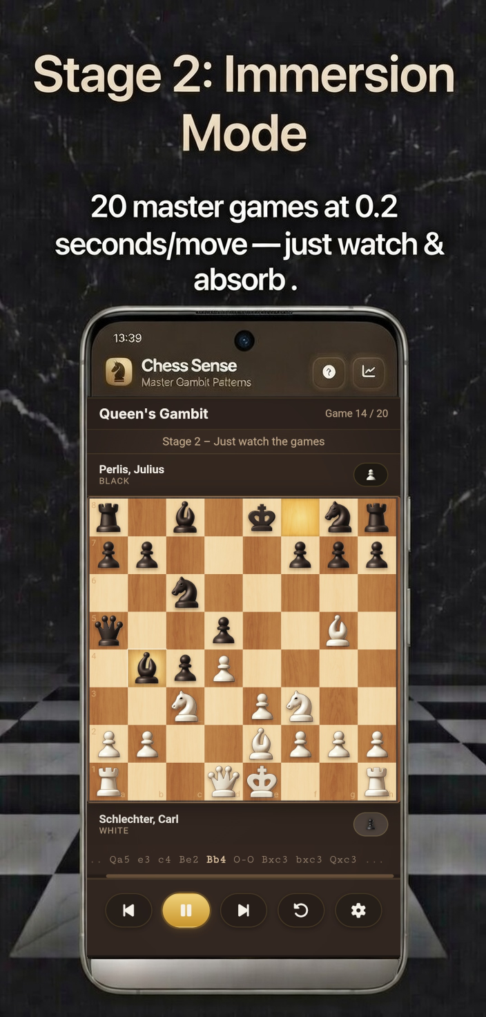 Chess Sense immersion mode - Master games at 0.3 seconds per move, improve chess tactics